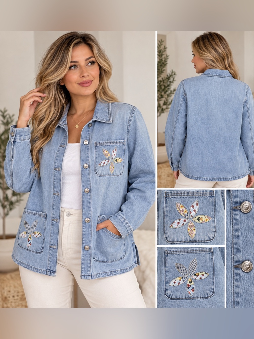 Curve Appeal Light Wash Denim Shacket Floral Patch Button Front Jacket large
